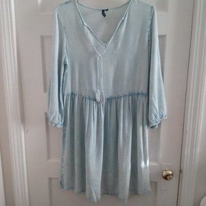 D&KADE Denim Chambray Puff Sleeve Ruffled Waist Dress MED